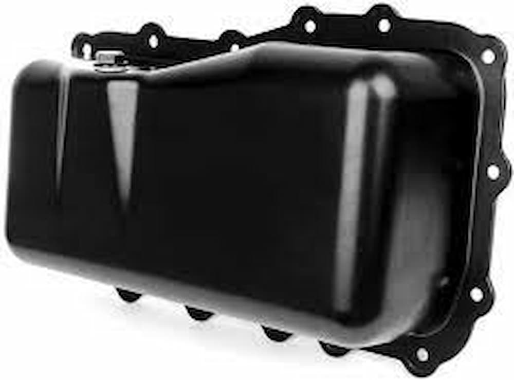 Oil pan stores oil for lubrication.